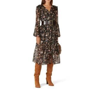 Minkpink Shiloh Sheer Long Sleeve Midi Dress Orange Black Printed Womens Small